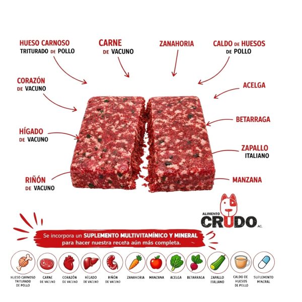 ALIMENTO CRUDO BALANCEADO, RECETA DE VACUNO (DESDE 6 KG)